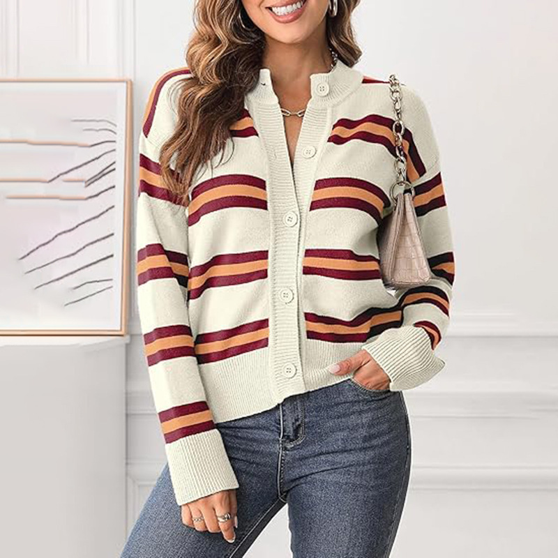 Amazon Cross-border Women's Seven-point Stripe Thick Knitted Cardigan Sweater Fashion Long-sleeved Lightweight Cardigan Button