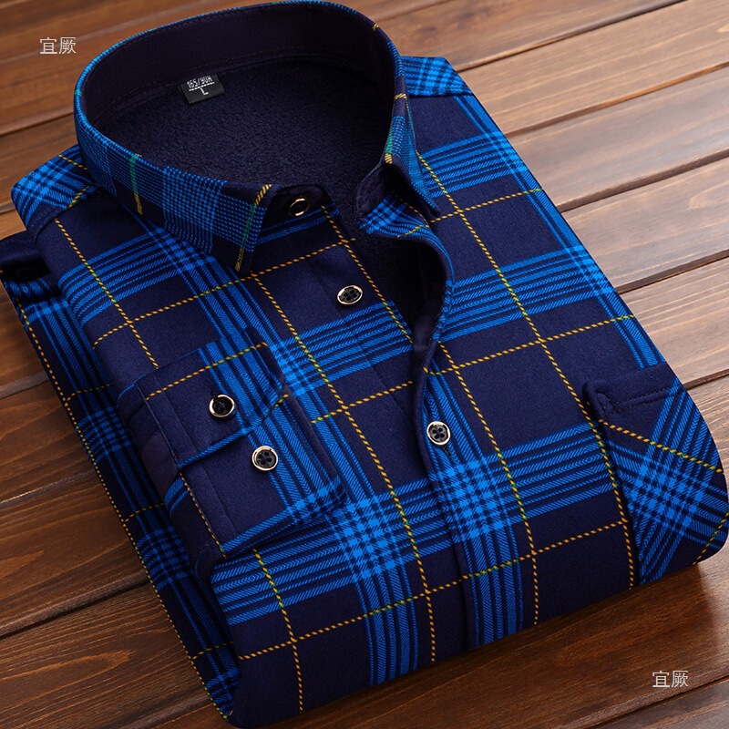 Autumn and Winter Men's Warm Fleece-Lined Thick Long-Sleeve Shirt for Middle-Aged and Elderly Dads, Plaid Shirt, in Stock