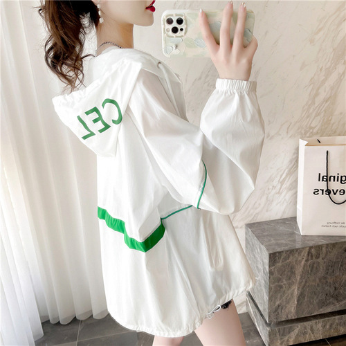 Loose thin cardigan sunscreen shirt hooded printed top coat women's trend