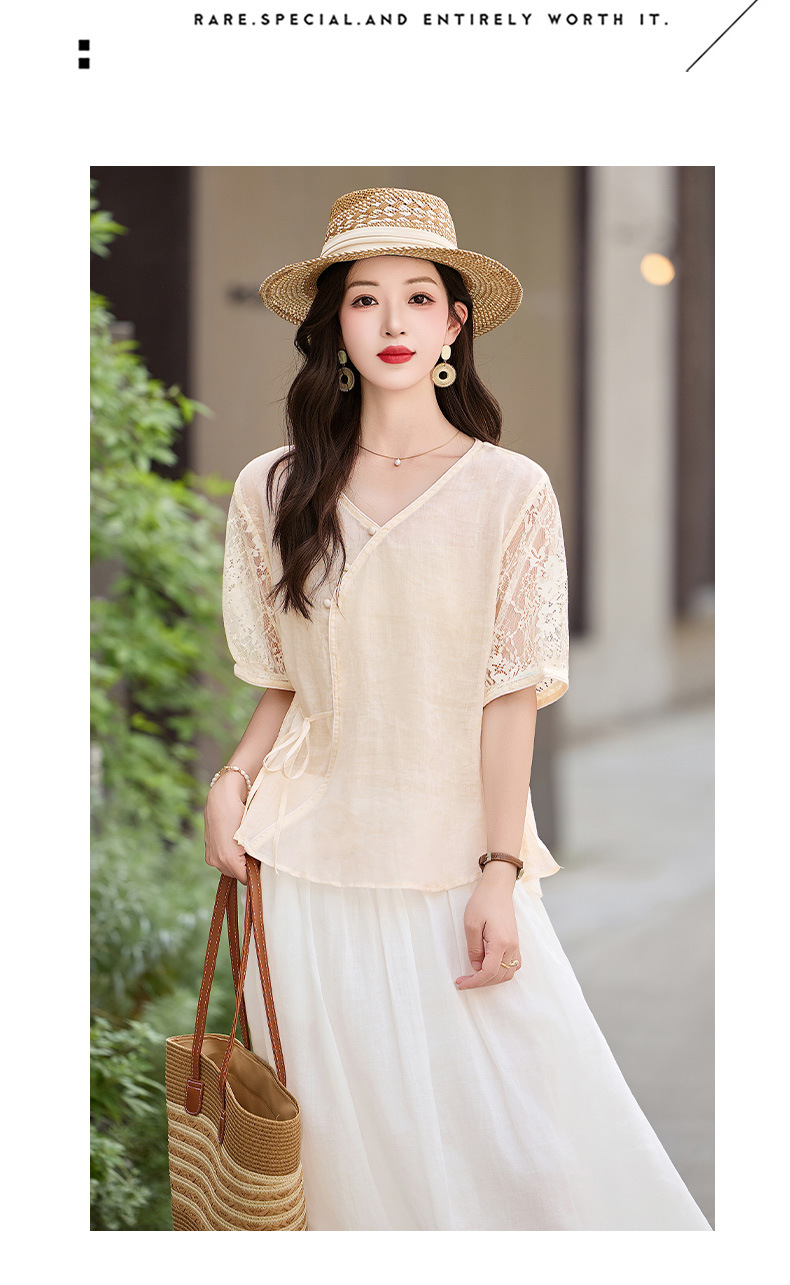 Bộ đầm tân cổ điển nữ hai mảnh áo phối chân váy midi thắt eo — Màu hồng, màu trắng ngà chi tiết 9