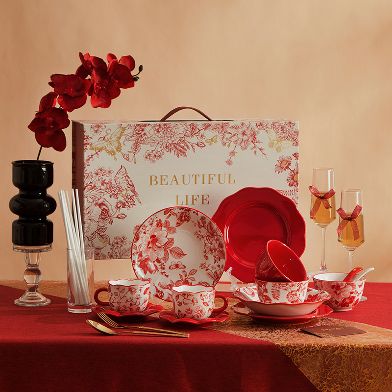 Light Luxury Floral Wedding Tableware Gift Box, Wedding Gift for the Bride, Red Bowls, Plates and Chopsticks Set, Moving to a New Home, Dishes