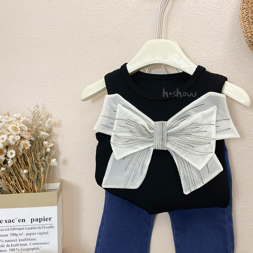 Korean style children's clothing summer new style girls fashion big bow knitted foreign style versatile sweet vest top 0082