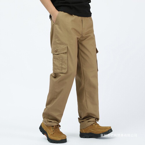 Cross-border pure cotton work pants for men, loose high-waisted casual pants with multiple pockets, outdoor stylish large size mens long pants