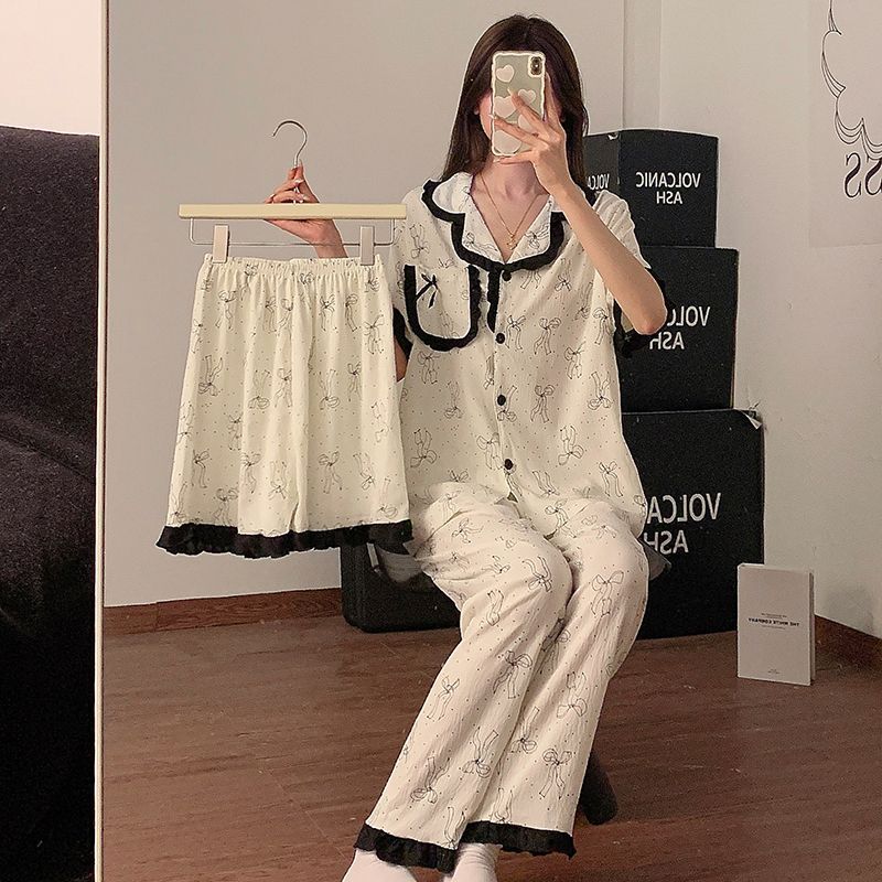 Venta al por mayor transfronteriza de pijamas de tres piezas de verano para mujer, solapa de algodón de encaje, pantalones cortos de manga corta, traje de servicio a domicilio