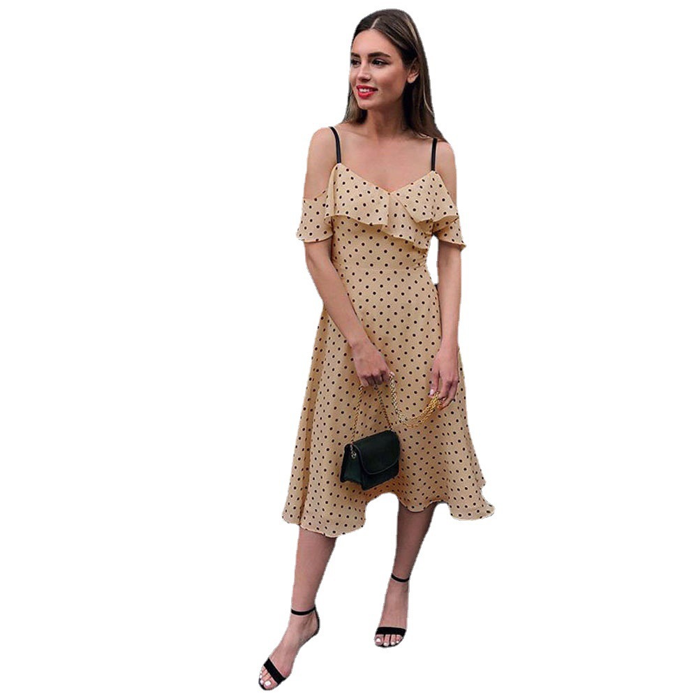Europa y América primavera y el verano de Comercio Exterior Nuevo Amazon sexy V-cuello vestido de deslizamiento Delgado Polka Dot MIDI vestido