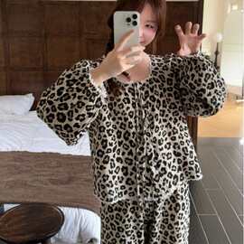韩国ins女士春秋韩系小豹纹简约舒适花边睡衣套装休闲家居服批发
