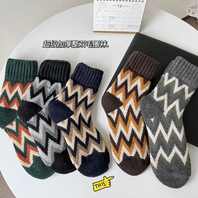 冬季新款袜子男羊毛袜加厚保暖毛圈袜波浪纹软暖蓄热地板袜男袜