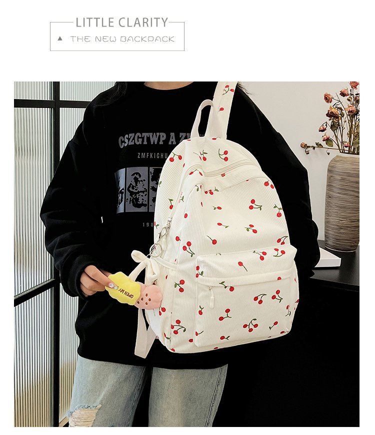1197g Weight Polyester Lining Material Zipper Closure Type Double Shoulder Straps Strap Type Casual, School, Daily Occasion Corduroy Material Back To School Festival School Backpack Backpack Cherry Pattern All Seasons Season Women's Gender Cute Style Shell Shape Cherry Casual School Daily School Backpack 7