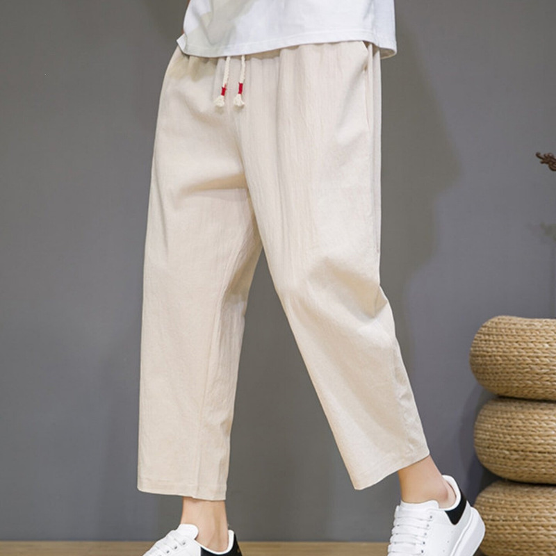 Men's Summer Thin Linen Cropped Pants, Summer Suit Men's Casual Pants, Loose Cotton-Linen Cropped Harem Pants