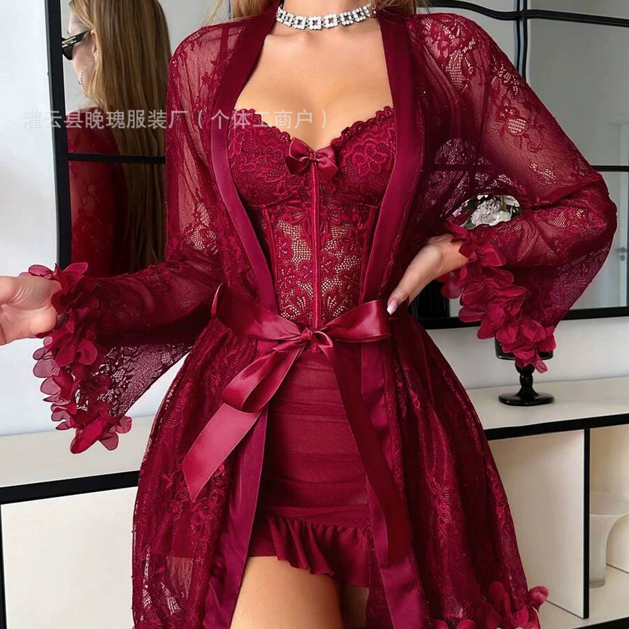 Кружевной комплект для сна — халат и комбинация, женский, цвета S–XXXL