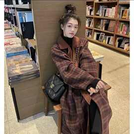 双面毛呢格子大衣女新款早春外套中长款赫本风修身格子毛呢外套女
