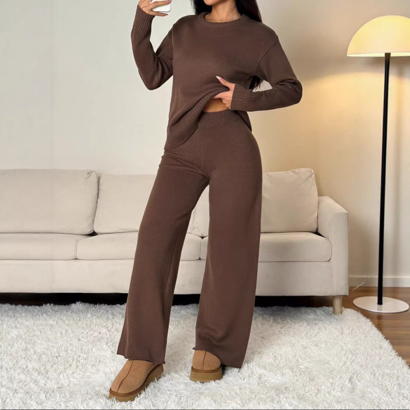 Cross-Border European and American Women's Fashion Casual Wide-Leg Pants Solid Color Comfortable Knit Top Set Autumn and Winter Top and Bottom Clothing Wholesale Cross-Border European and American Women's Fashion Casual Wide-Leg Pants Solid Color Comfortable Knit Top Set Autumn and Winter Top and Bottom Clothing Wholesale