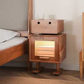 pq实木北欧床头柜卧室简约带灯储物柜客厅创意机器人儿童床边柜日