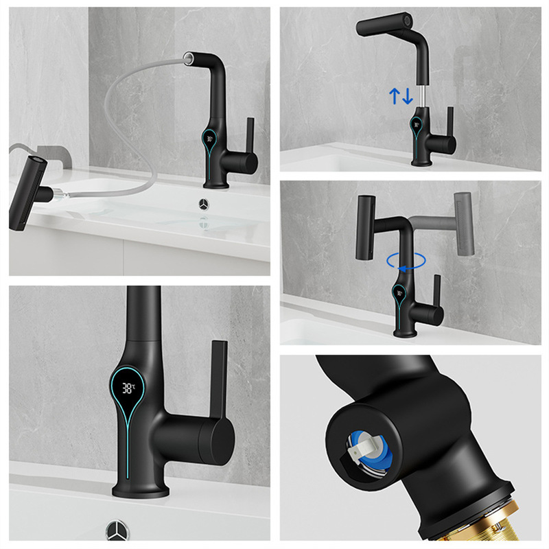 Cross-Border Washbasin Kitchen Pull-Out Lift Rotating Digital Display Faucet Raindance Waterfall Multi-Functional Hot and Cold Factory Direct Sales