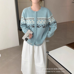琪镌绘制韩版宽松提花设计长袖开衫秋季新款显瘦百搭上衣女98380