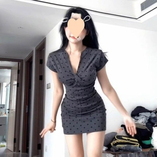 French Pure Lust Hot Girl Collar Polka Dot Waist Pleated Short Skirt Slimming Slim Short-Sleeved Hip-Hugging Dress Women's Clothing