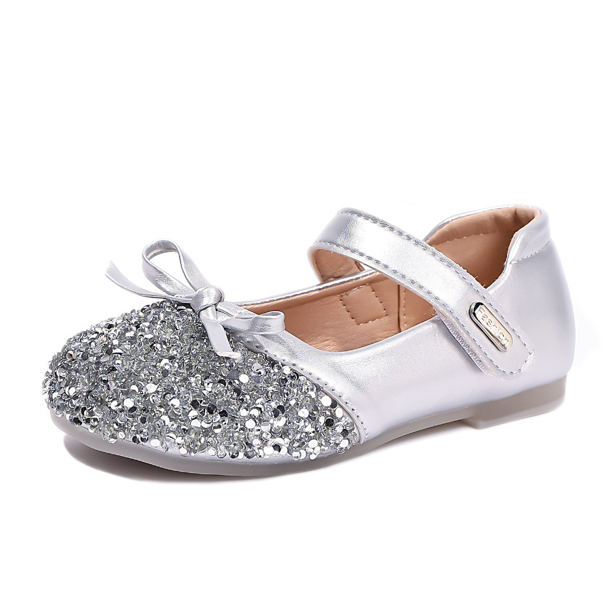 Girls' Princess Shoes Silver Glitter Rhinestone Ballerina Flats With Bow Soft Sole Non-Slip Toddler Dress Shoes_voghion.com