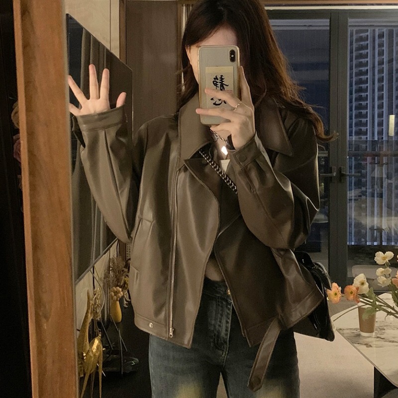 Maillard Coffee Color Pu Leather Jacket for Women 2025 Autumn and Winter Fat mm Petite Short Motorcycle Jacket Street Top