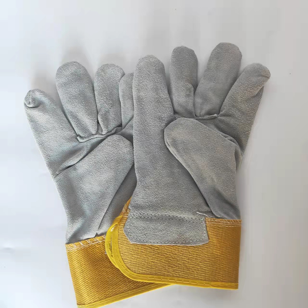 现货翻毛皮黄布短半皮耐磨劳保防护手套 隔热双层牛皮电焊手套