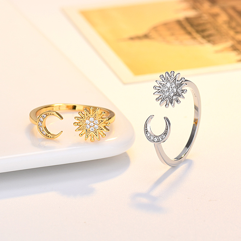 Europe and the United States cross-border star and moon ring female fashion Joker star and moon micro inlay star and moon opening ring bracelet wholesale