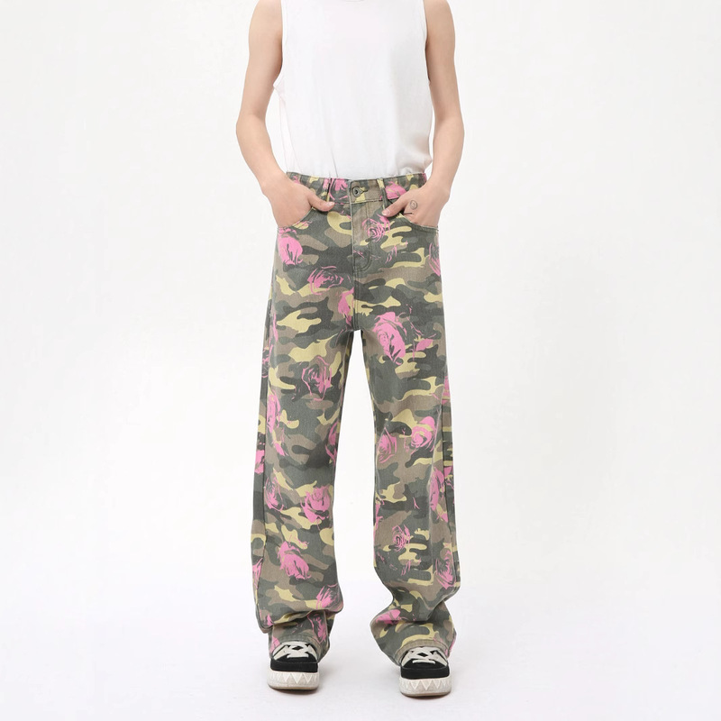 Spot Denim | American Rose Camouflage Jeans with a Trendy Street Style, Loose Wide-Leg Straight Pants