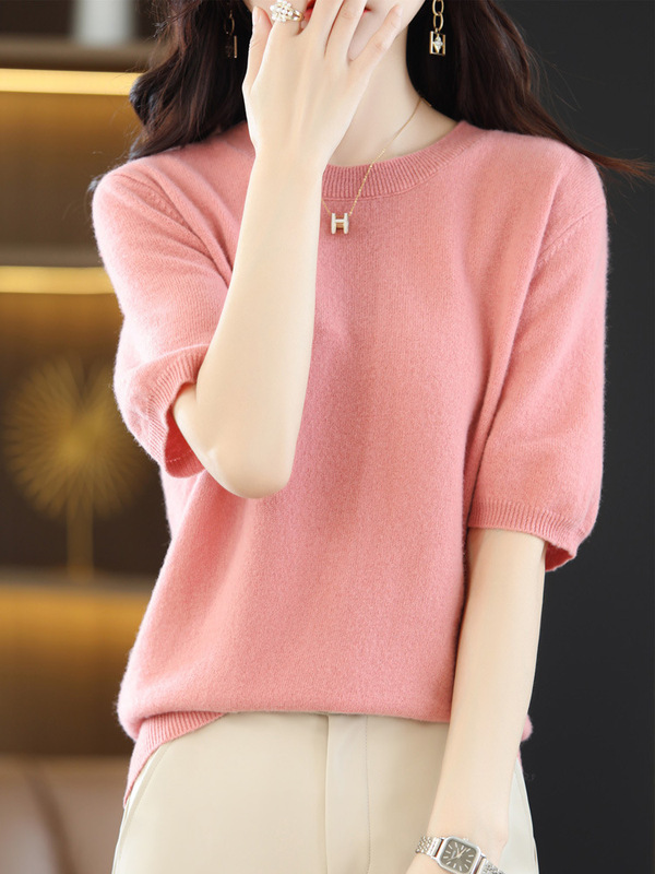 100% Wool Round Neck Short-Sleeved French Simple Short-Sleeved Wool Sweater for Women Round Neck Lazy Style Thin Style
