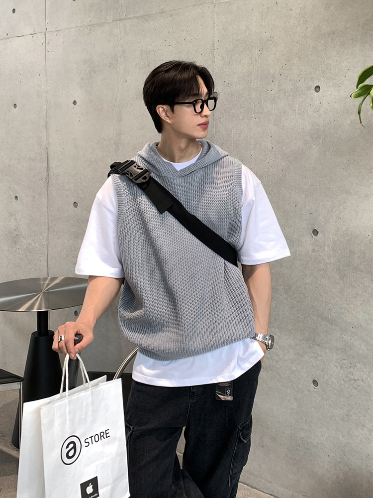 Asclo春秋新作韓国版帽子付きウールベストワイド版ファッション純色ノースリーブニットカーディガン