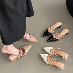 Korean Style Commuter Style Pointed Toe Sandals Rivet High Heel Sandals Spring and Summer New Arrival Skirt All-Match Baotou Half Slippers