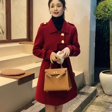 年秋冬新款小香风呢子大衣红色韩系赫本风毛呢外套女