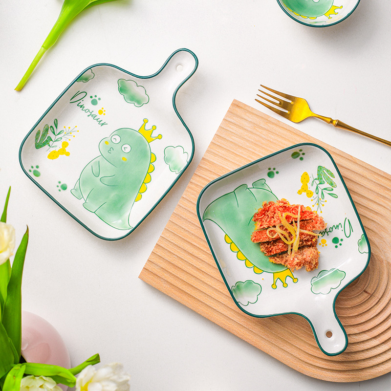 网红恐龙盘子手柄盘菜盘家用碟子陶瓷烘培ins烤盘日式餐具可爱|ms