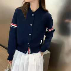 学院风双杠袖减龄针织开衫女圆领棒球服夹克休闲百搭毛衣外套潮