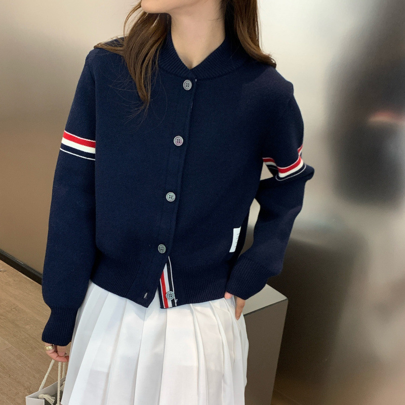 学院风双杠袖减龄针织开衫女圆领棒球服夹克休闲百搭毛衣外套潮|undefined