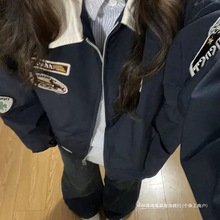 美式复古绣标撞色翻领外套女春秋情侣棒球服设计感大码胖MM夹克衫