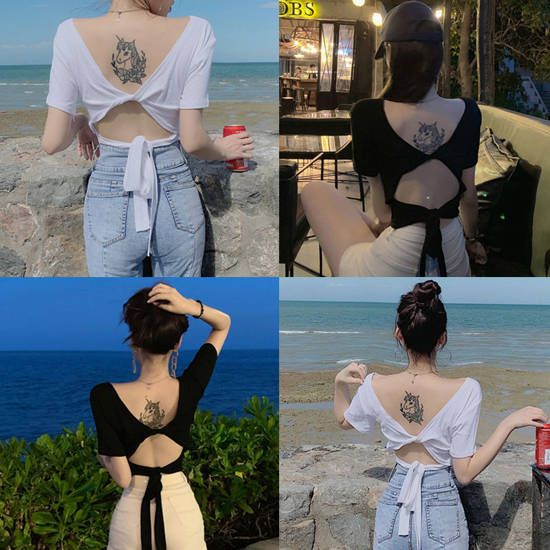 Summer Ins Shoulder Collar Leaky Back Strap Top Strap Strap Short Navel-exposed Tight Sexy Short-sleeved T-shirt Women's Trendy