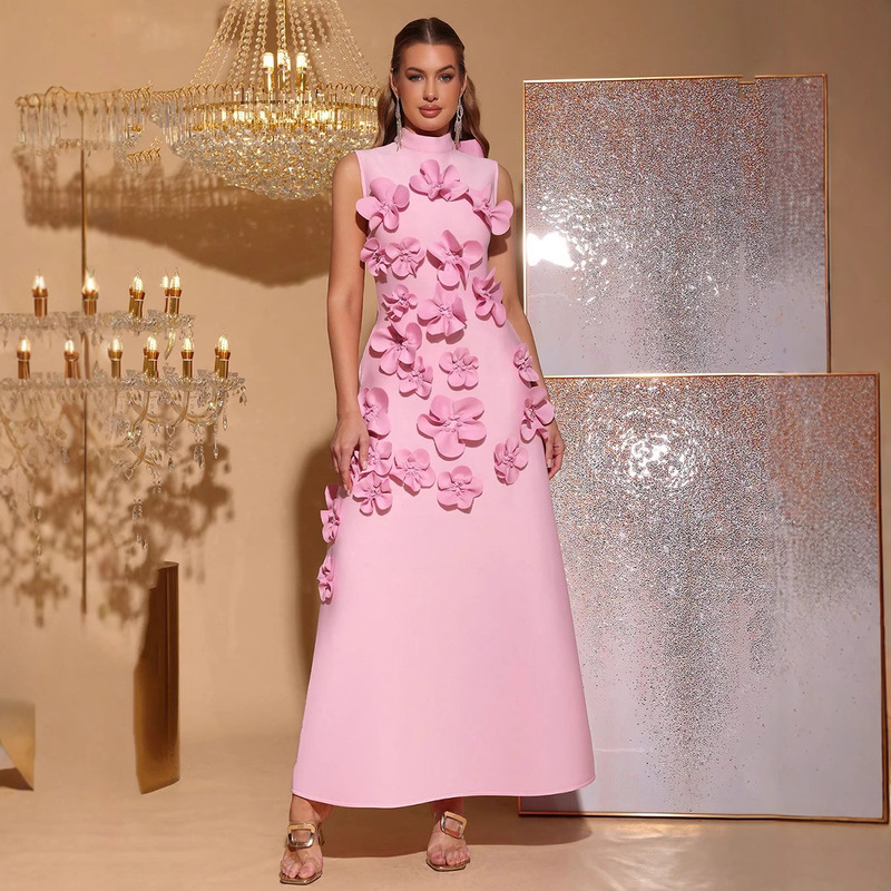 French Stereo Flower A-Line Long Skirt 2025 Summer New Style Splicing Stand-Up Collar High-End Slim Dress Women's Dress