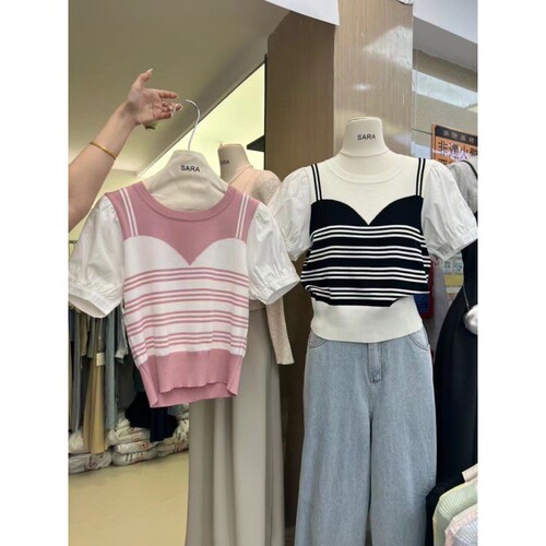 Spring knitted woolen shirt for women, Korean new round collar, gentle style, lady's splicing, Western-style casual short-sleeved shirt, trendy