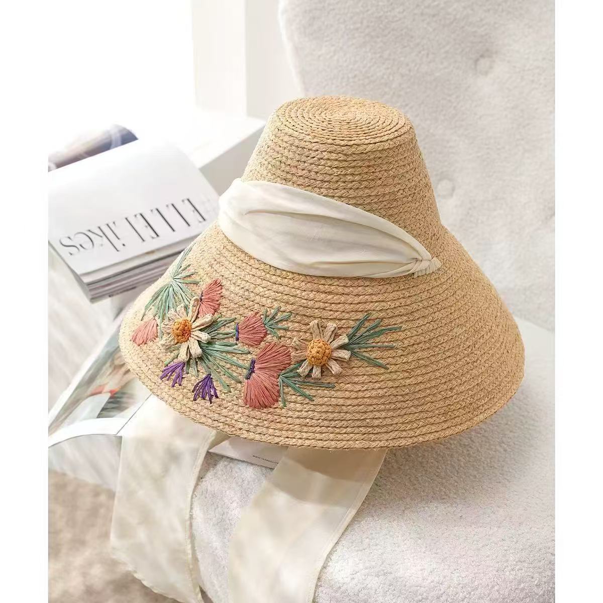 Hepburn Style Raffia For Women Hand Crocheted Embroidered Flowers Beach Protection Sun Fisherman Foldable Straw Hat_voghion.com