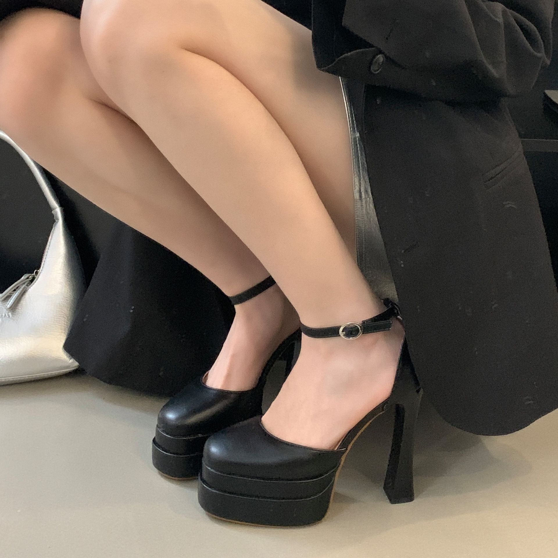 Sandal cao gót nữ quai ngang có khóa bên, gót 12 cm — màu đen chi tiết 10