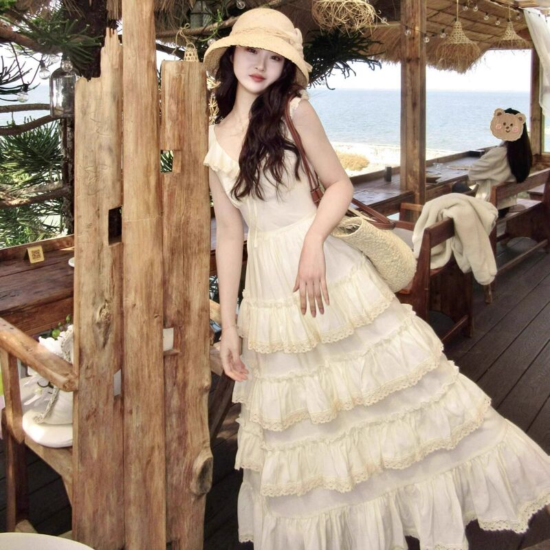 French-Style Elegant Flutter-Sleeve Dress for Women, Summer 2026 New Model, Gentle and Sweet V-Neck Puffy Cake Long Dress