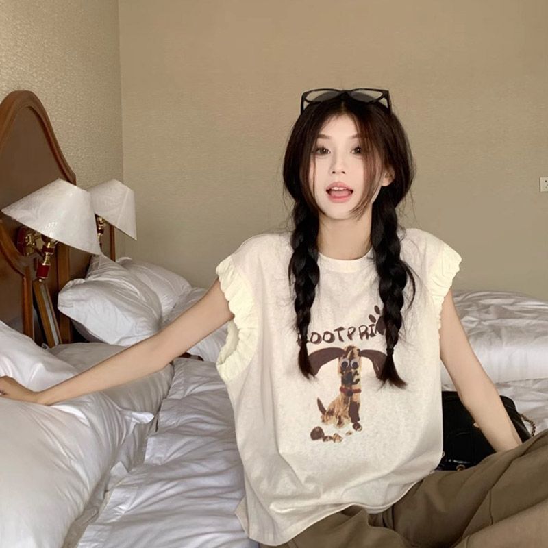 American Retro Puppy Print Sleeveless Vest T-Shirt for Women Summer 2025 New Loose Outer Wear Small Flying Sleeve Top