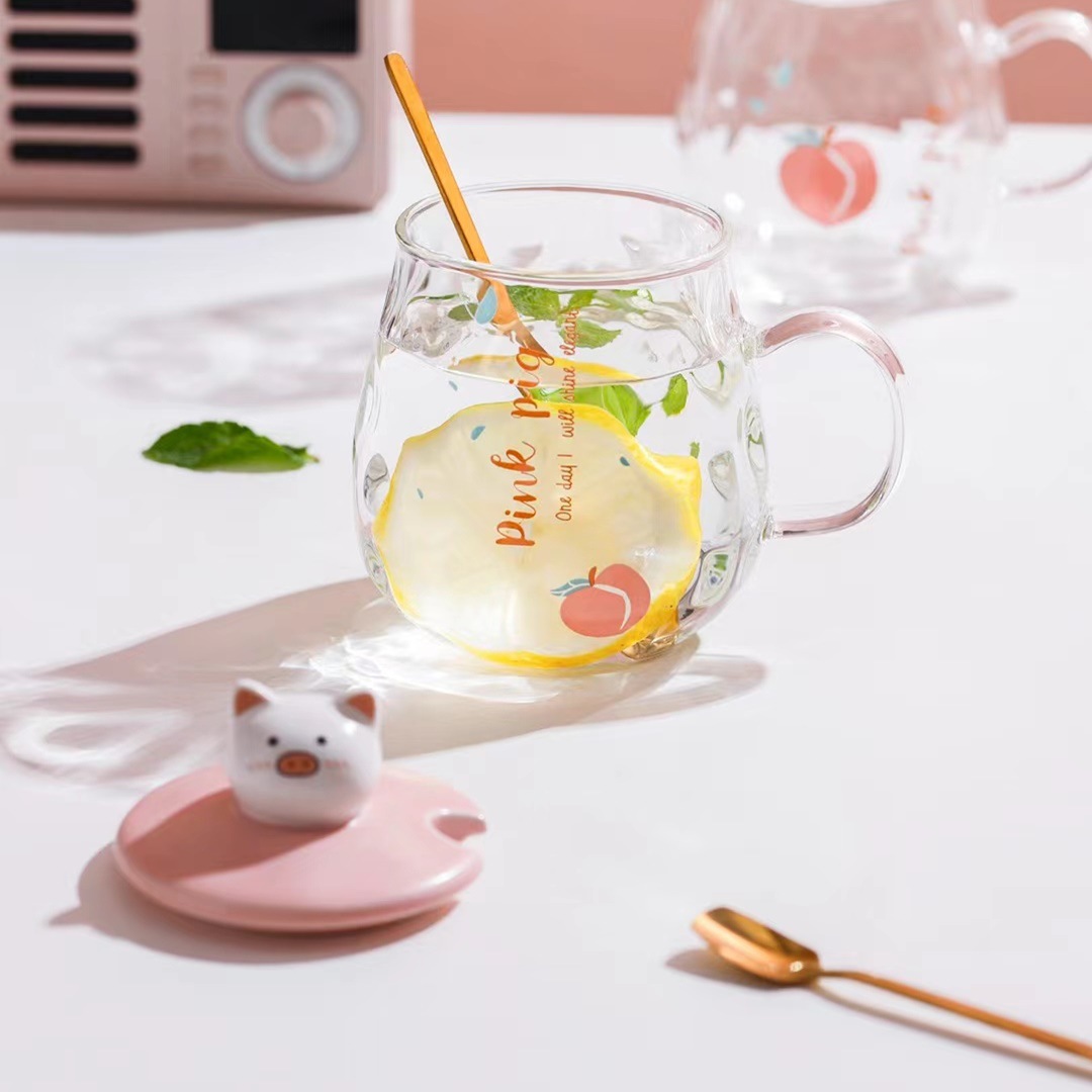 Rosa personalizado transparente cristal dibujos animados melocotón corazón cerdo taza chica corazón regalo taza de beber taza de oficina