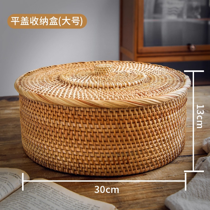 Cesta de almacenamiento de caña tejida de caña cubierta caja de almacenamiento de escritorio caja de pastel de té mesa de té bocadillos de frutas pan al vapor retrógrado sopa