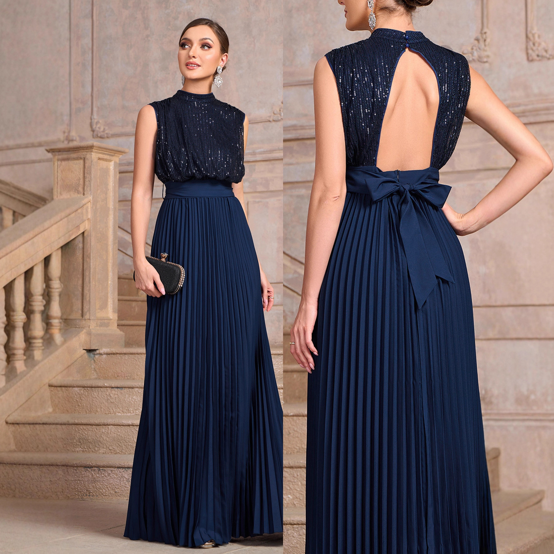 697W Independent Station Foreign Trade New Cross-Border Women's Clothing Strap Design European and American Pleated Dress Evening Dress