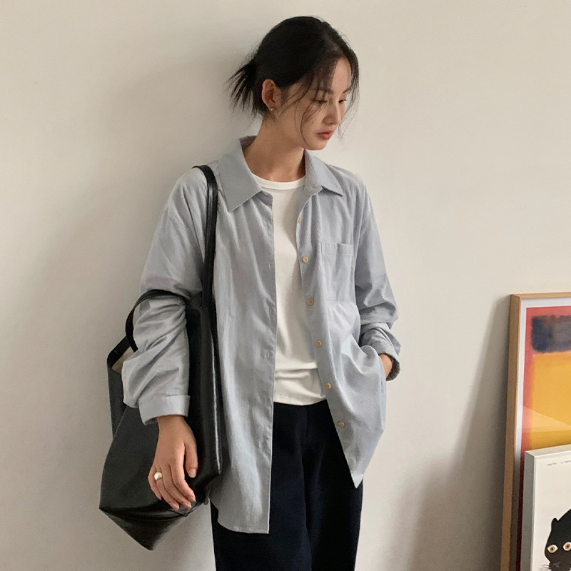 Tg Korean Basic Corduroy Shirt for Women 2024 Autum New Loose and Versatile Mid-Length Top 23570