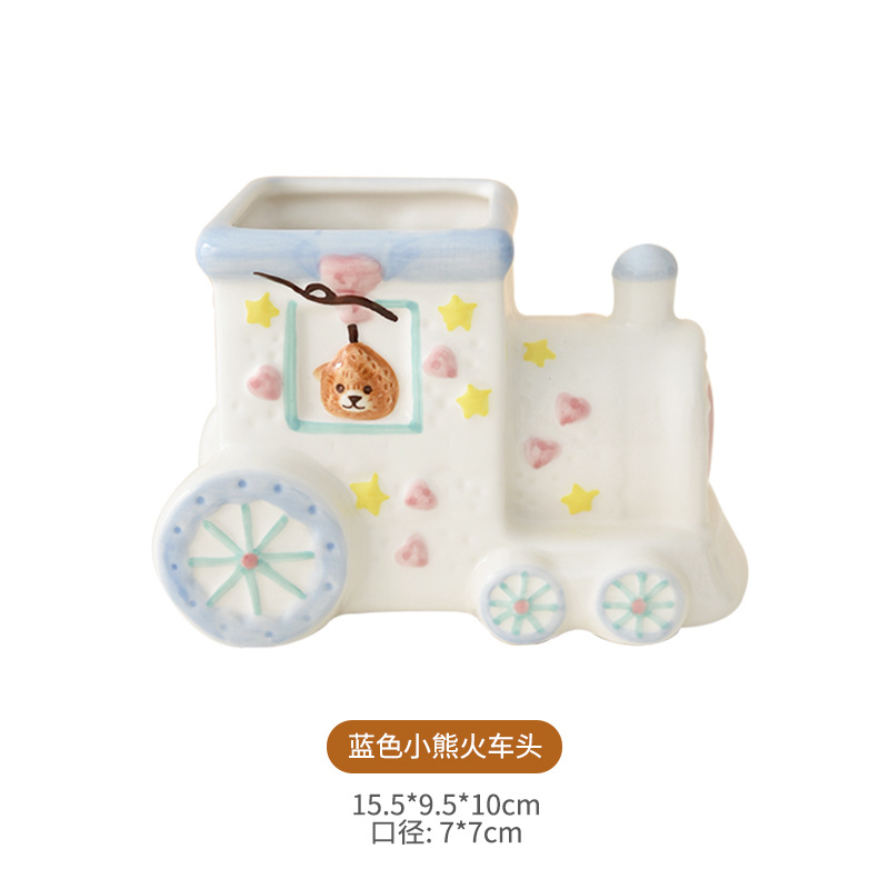 Oso lindo chica Corazón de cerámica maceta tren forma maceta flor titular de la flor del hogar olla de almacenamiento adornos decorativos