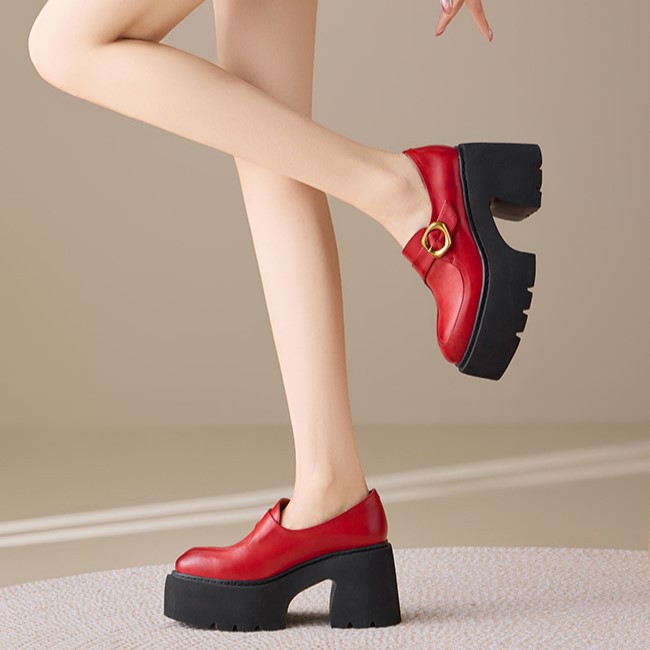 Giày loafer nữ da bò cao cấp gót vuông 10 cm, mũi nhọn khóa dây, đế dày — màu đen, màu đỏ