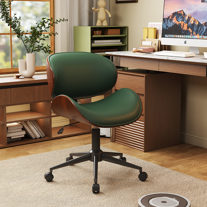 实木牛皮休闲椅子靠背家用办公电脑椅北欧学生学习书桌椅