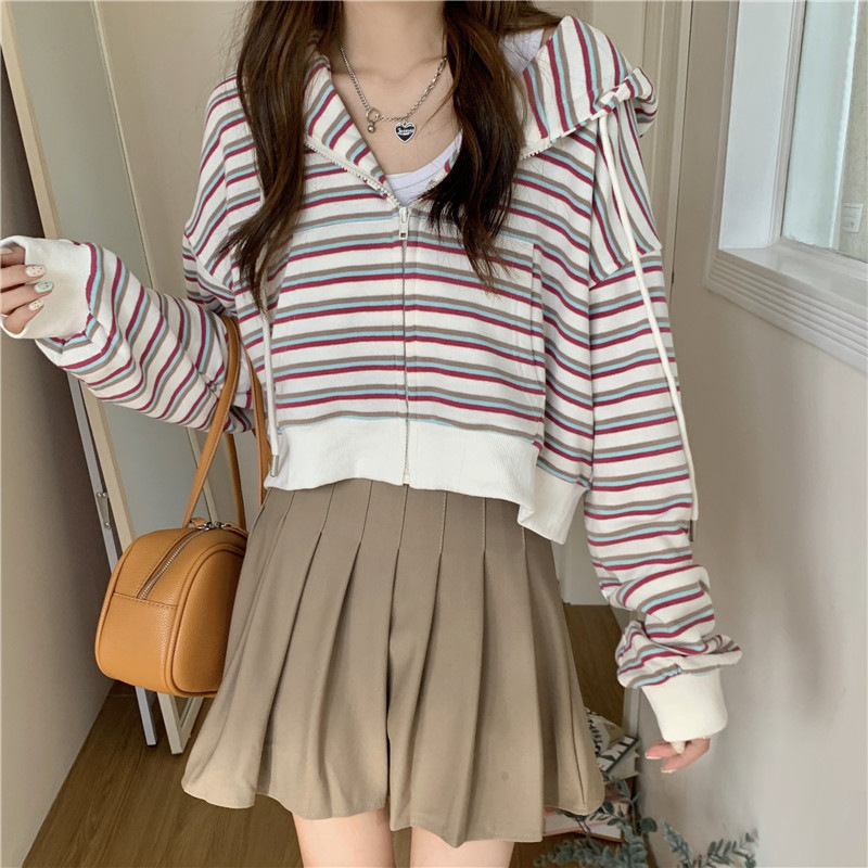 2022 Autumn Korean College wind Thin section stripe Cardigan Hooded Sweater Little have cash less than that is registered in the accounts zipper coat