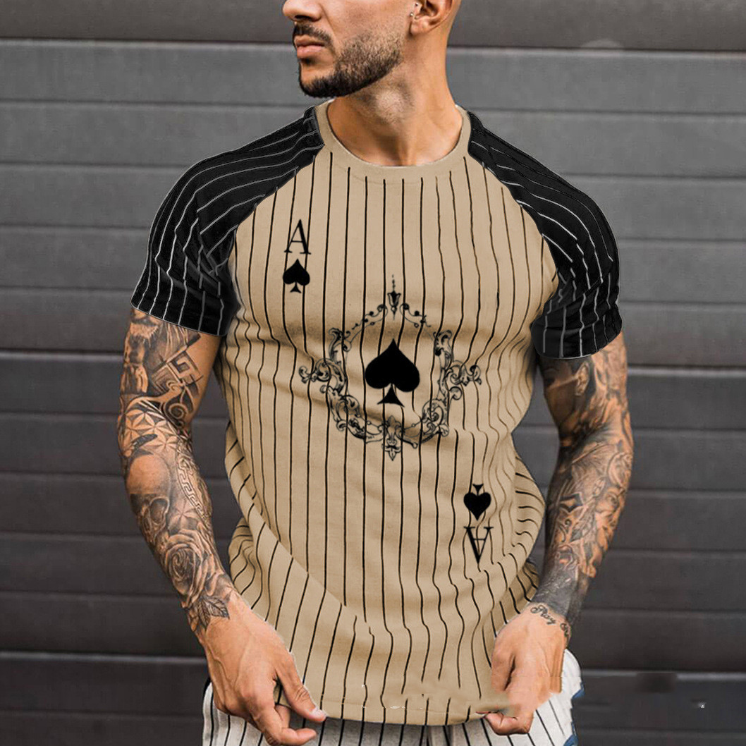 2024 Summer New 3D Printed Spade A Stripe Contrast Men's Short sleeved Casual Round Neck T-shirt_voghion.com