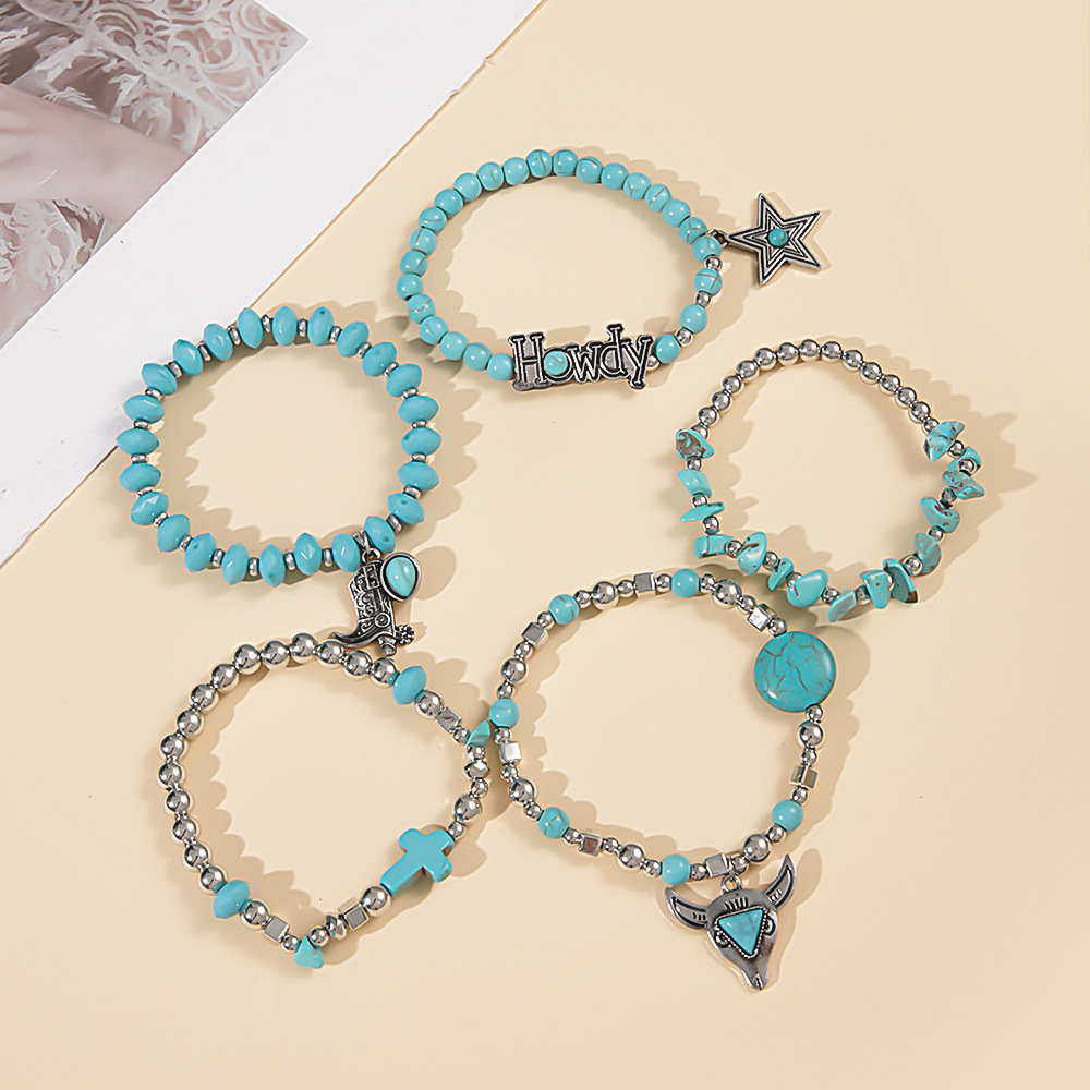 49g Weight Alloy Pendant Material Bracelets Classification Beaded, Turquoise Chain Material 1 Set Quantity Daily Occasion Beaded, Alloy, turquoise Material Cross, Cattle, Boots Pattern Women's Gender Retro Style Retro Cross Cattle Boots Beaded Alloy Turquoise  Beaded Bracelets Wholesale 14